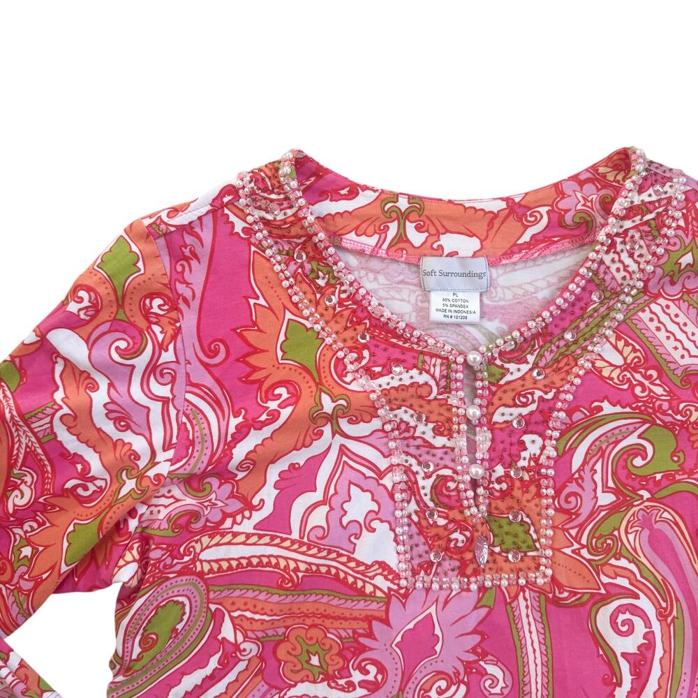 Soft Surroundings Top Women Pink Paisley Beaded Sequin Tunic - Petite Large